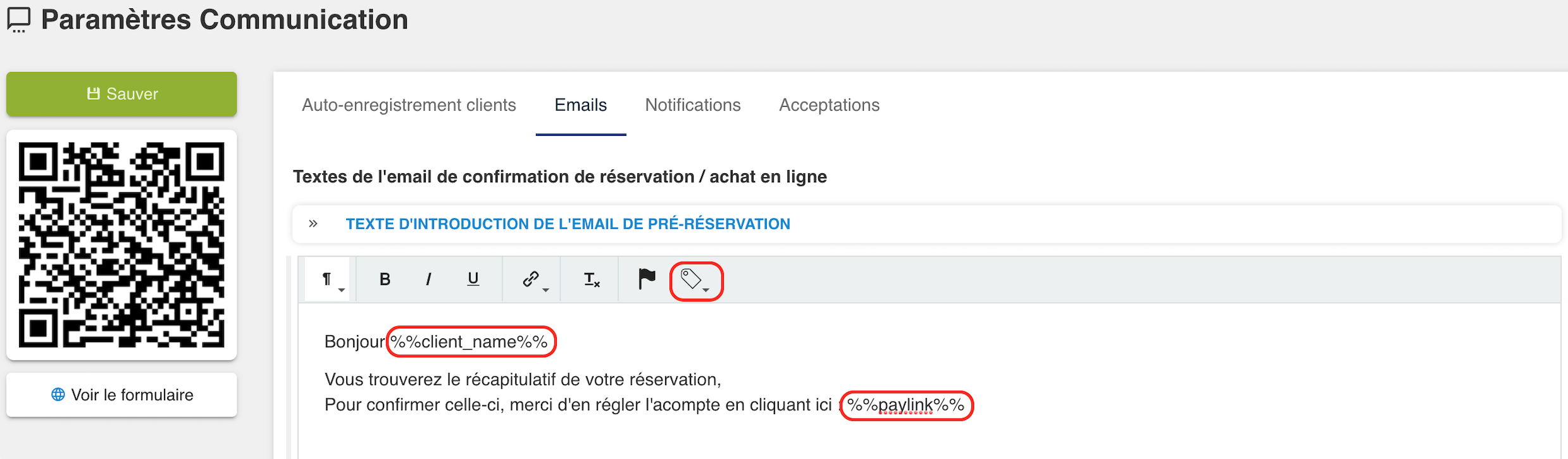 Qweekle Configuration lien paiement sur le mail de réservationation