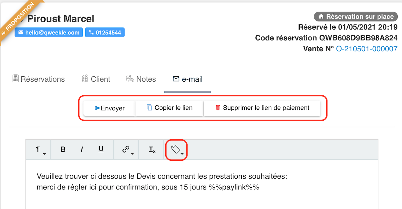 Qweekle mail réservation lien de paiement