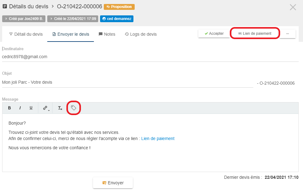 Qweekle - envoyer un lien de paiement avec vos devis
